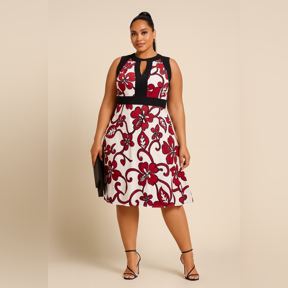 S.L Fashions Sleeveless Red Floral A-Line Dress with Black Accents – Size 14W